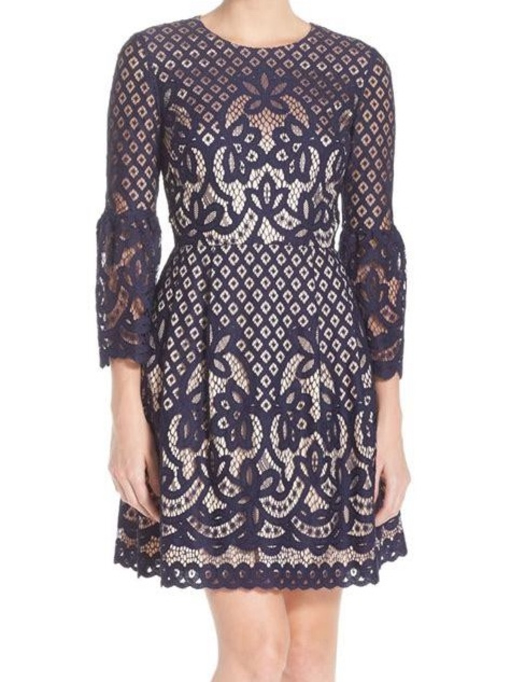 Eliza J Navy & Nude Lace Long-Sleeve Fit-and-Flare Dress